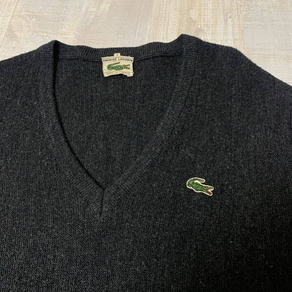 【状態良好 フランス製 レアタグ 希少】60s 70s CHEMISE LACOSTE Vネック ニット シュミーズ ラコステ チャコールグレー サイズ4 ML相当 _画像4