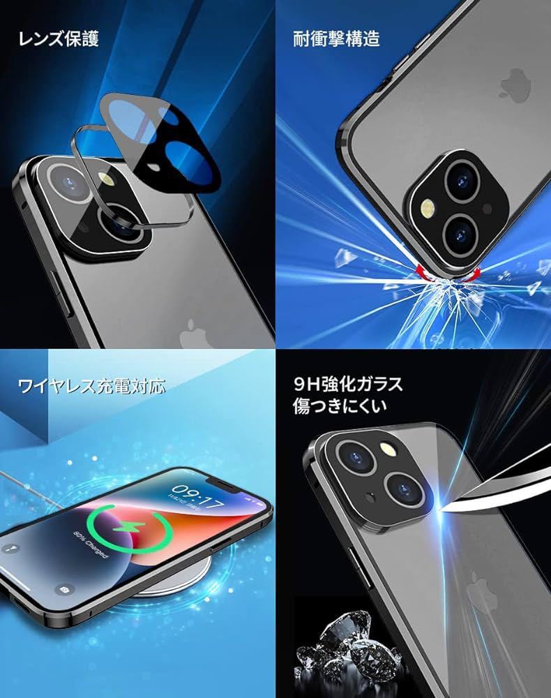 2318048☆ WEIYUN iPhone13 用 ケースクリア「ロック式」 「透明両面９Ｈ強化ガラス」「レンズ保護カバー」 360°全面保護 アルミ バンパー_画像5