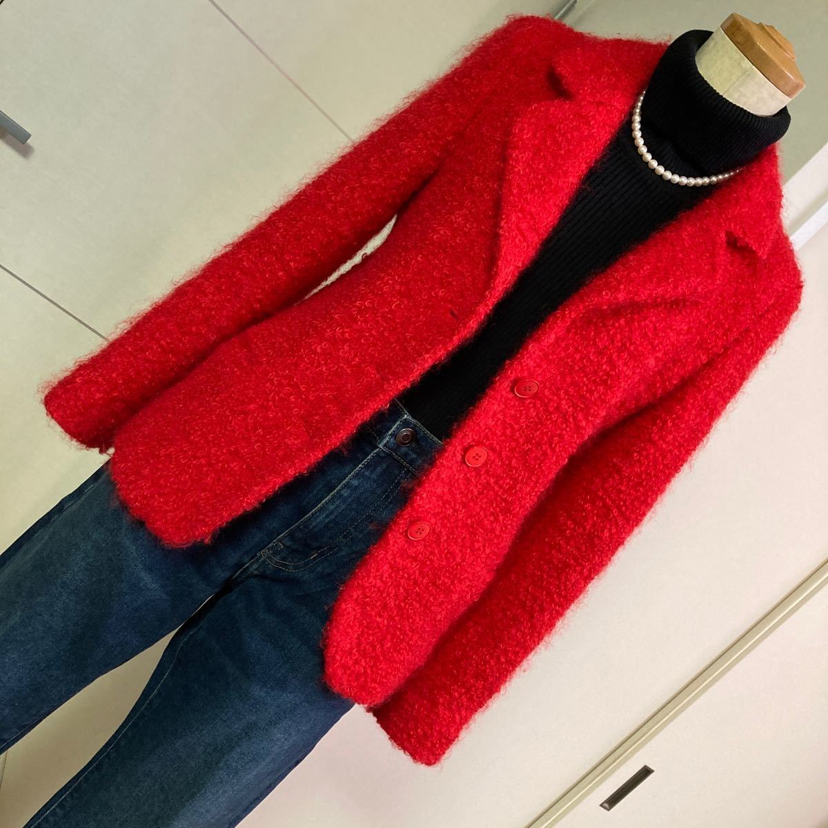送料無料■美品♪アニエスベーのカールヤーンツィード赤のジャケット・38_画像10