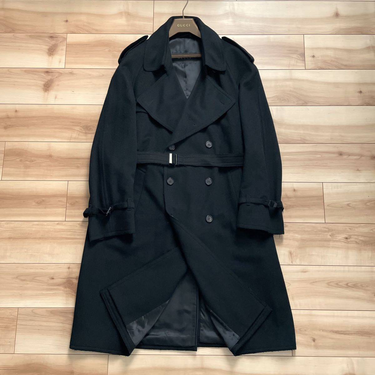 [ бесплатная доставка ][ пик ][ Tom Ford период ][ прекрасный товар ]GUCCI Gucci cut off шерсть тренчкот чёрный длинное пальто 