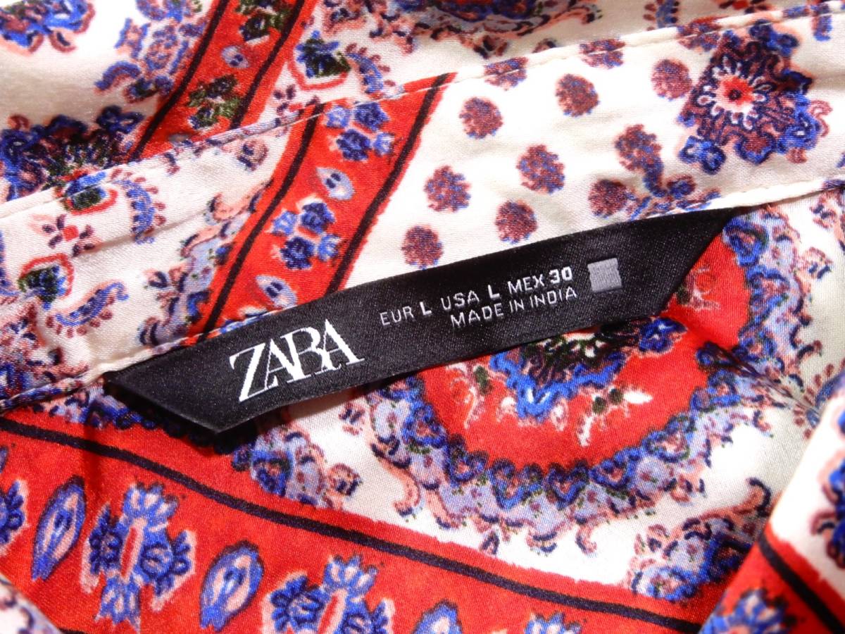 新品同様 ザラ ZARA 大人素敵☆総柄 スカーフ風プリント 微光沢 サテン とろみ シャツ L_画像4