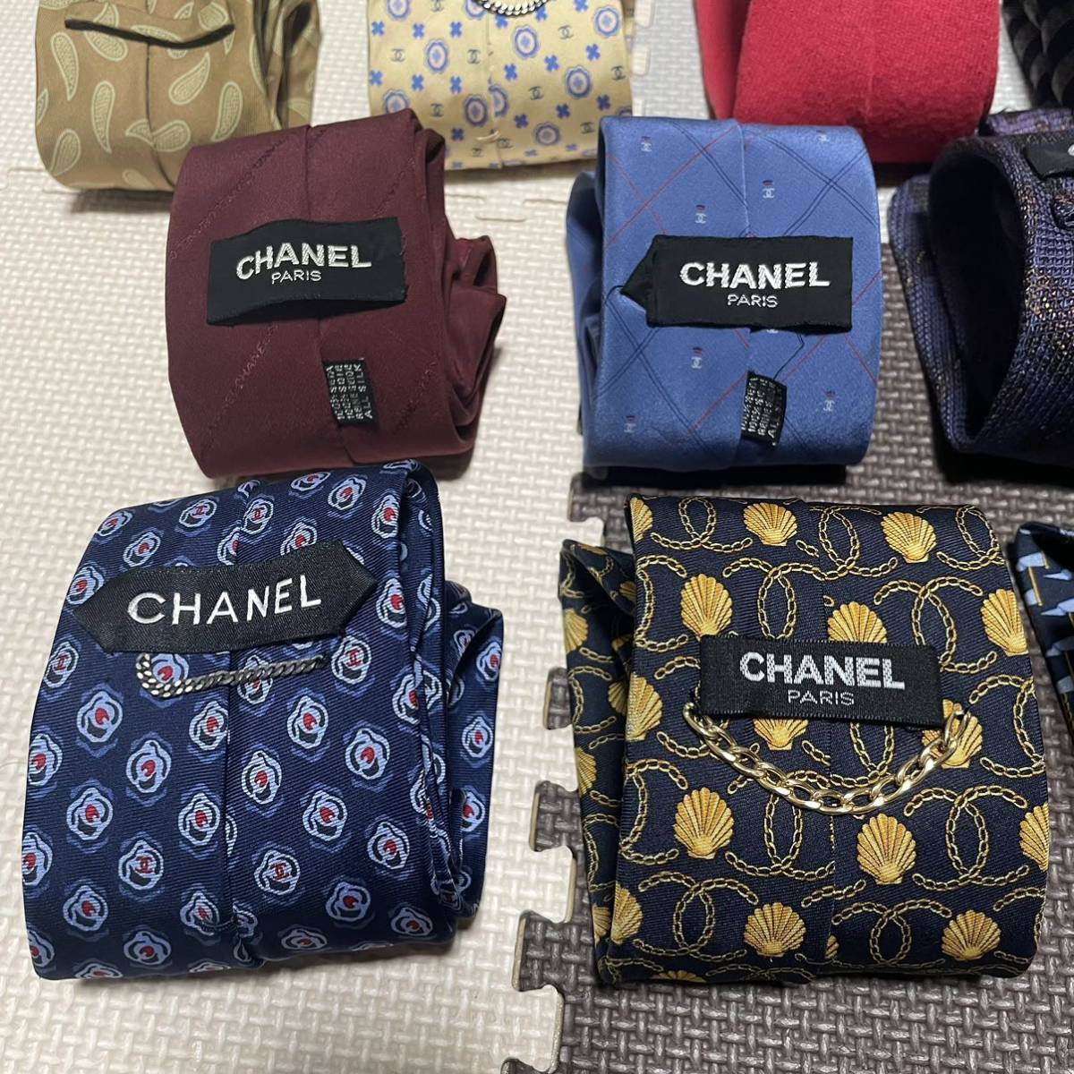 【1スタ】CHANEL シャネルのみ ネクタイ 10本セット ココマーク ソリッド 貝柄 チェーン まとめ売り プリント 総柄_画像4