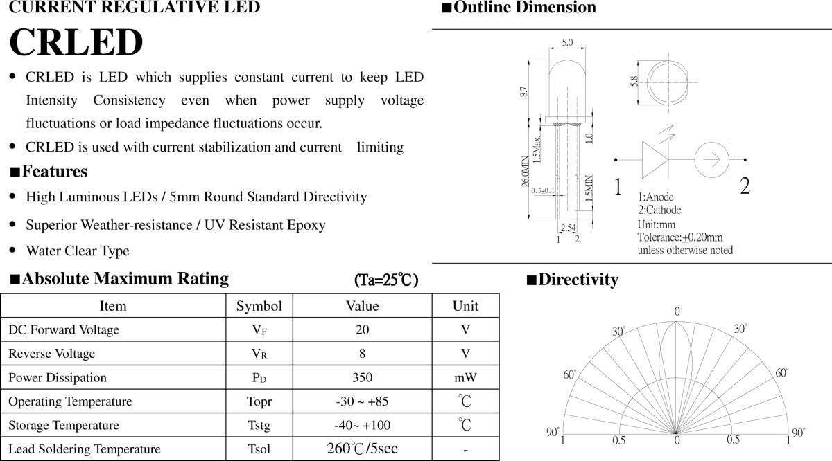 定電流素子内蔵 直接接続用 青 LED ５ｍｍ ５個セット キャップ付 定電流回路内蔵 ５ｍｍＬＥＤ １２Ｖ 青色 直接接続5.5Ｖ-20Ｖ CRD内蔵