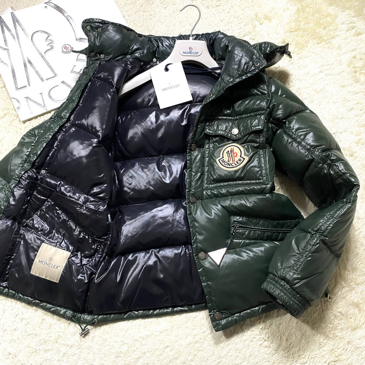 極暖美品タグ付MONCLER2wayフードダウンジャケットK2ケーツーワンポイント胸ビッグロゴワッペンM~S0グリーン濃緑大きいサイズモンクレール_画像1