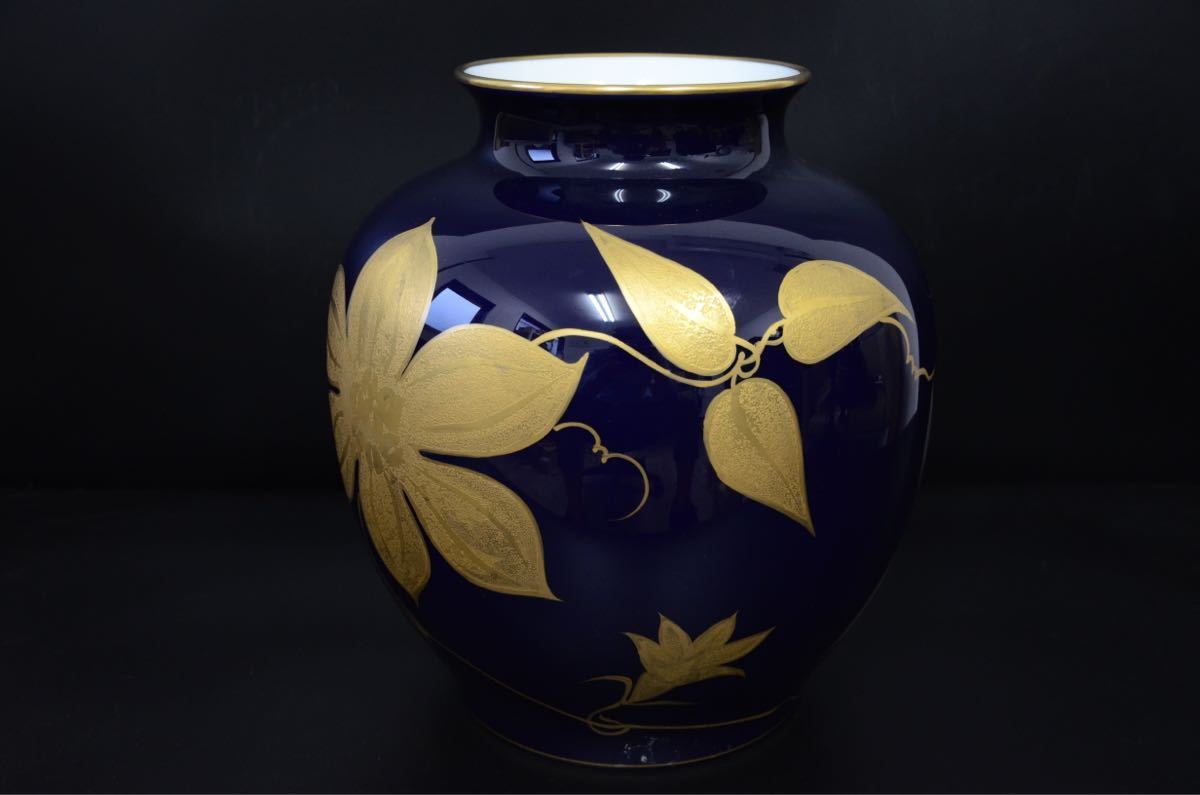 大倉陶園  瑠璃金蝕鉄線柄 花瓶 高さ29cm  美品 箱なし KU019-000SWの画像6
