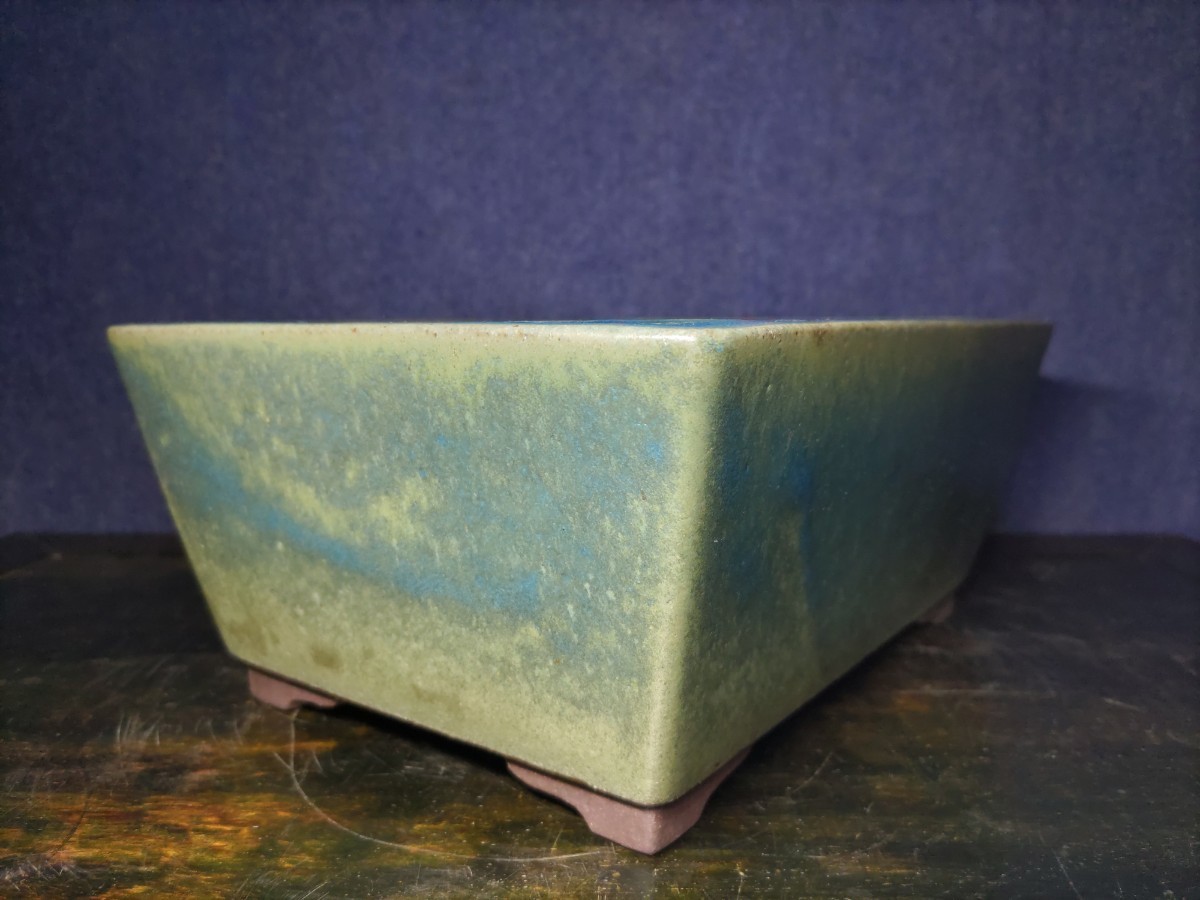 【松泉山秋】緑釉窯変切立段足長方鉢　　　　左右25.5cm　　　　和鉢_画像8
