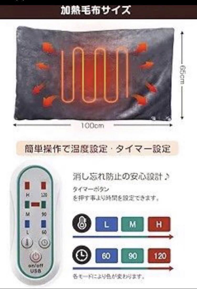 特別価格！電気毛布 フランネル　温度調節タイマーつき100×65 電熱毛布 掛敷き兼用 ふわふわ　 マイクロファイバー　グレー 2A5V☆_画像5