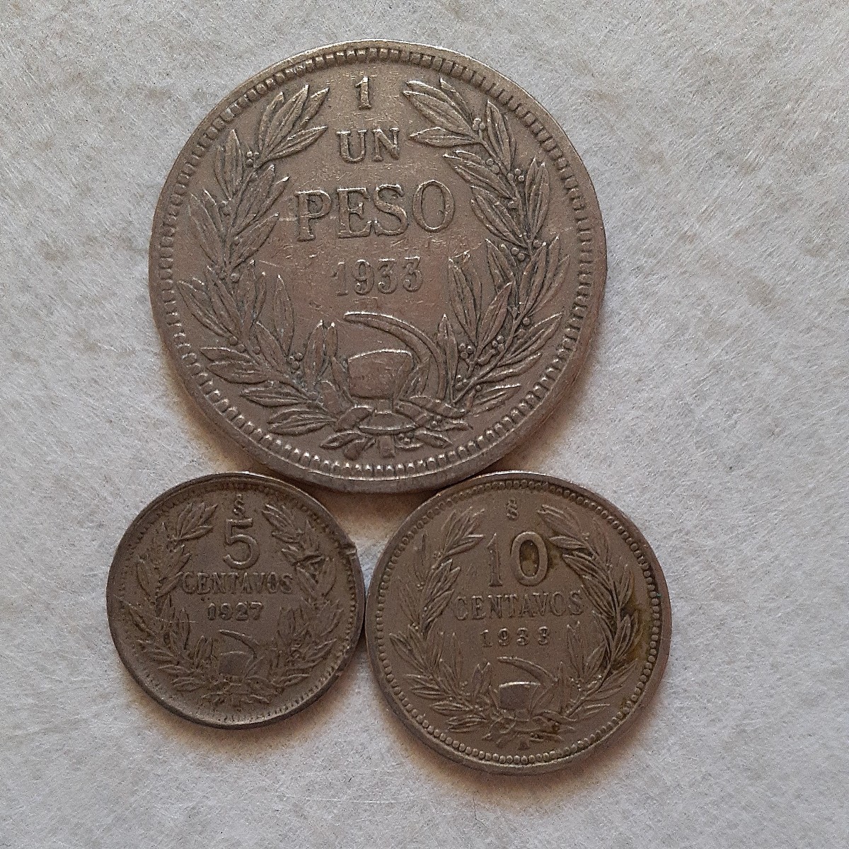 チリ 1ペソ1933年 10センタボ1933年 5センタボ1927年 3枚まとめて CHILE 90年前のコインの画像2