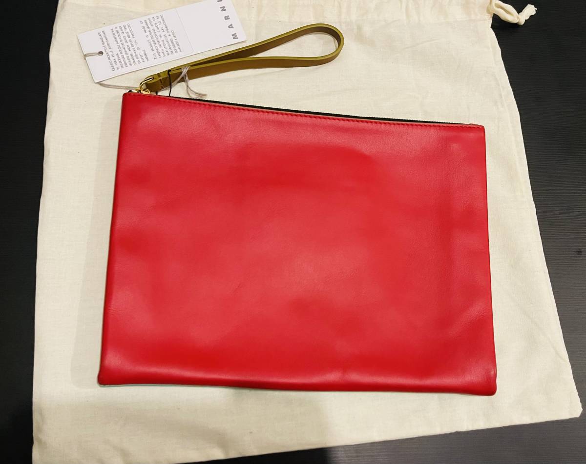 MARNI カードスロット付クラッチバッグ PHMO0003U1 ミントグリーンｘレッドｘブラウン タグ付新品・保護袋付 送込☆マルニ カーフレザー製_画像2