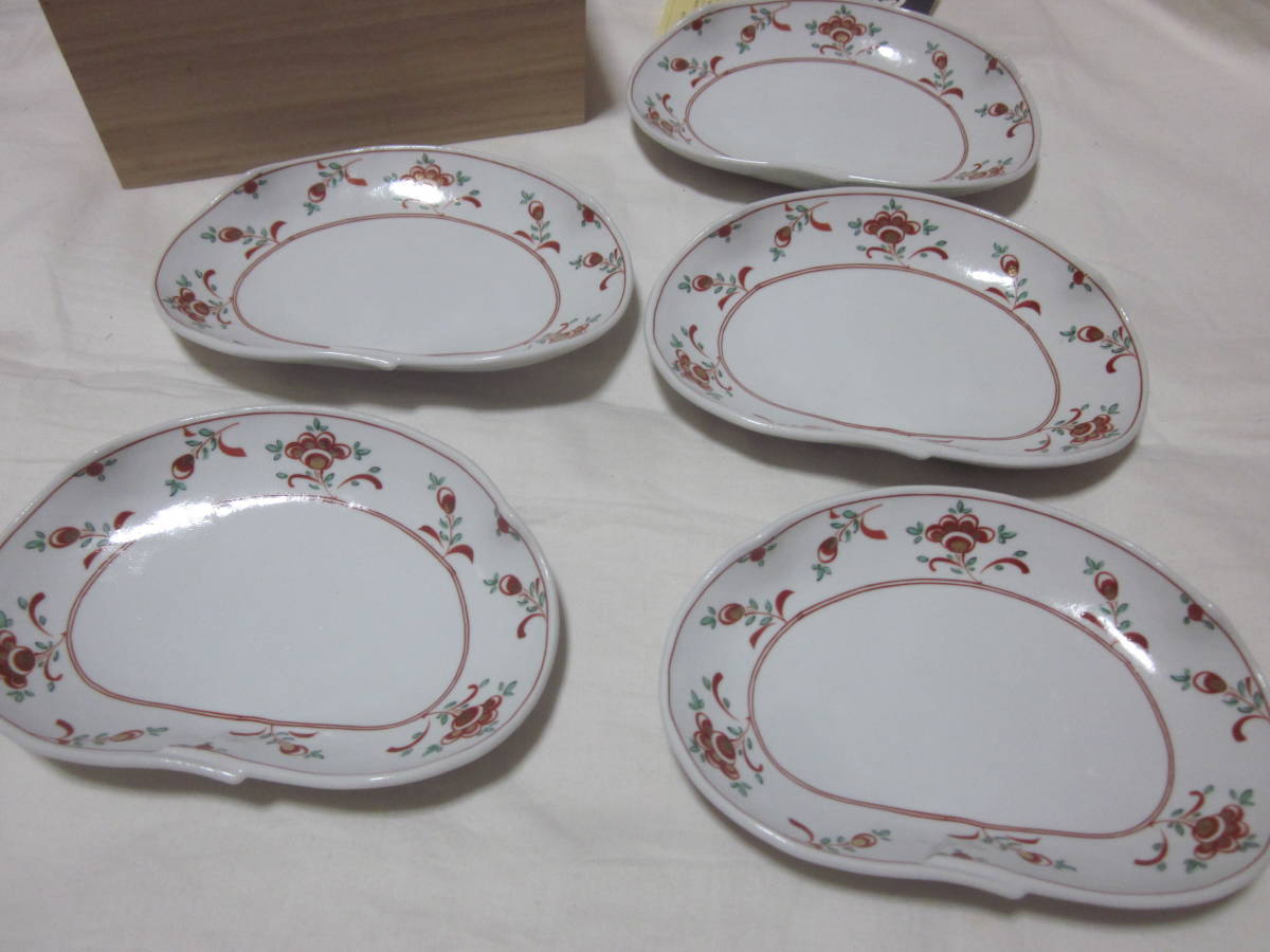 #[..]#[ Tachikichi ]#[ red . flower writing ]#[ peace plate ]#[5 pieces set ]#[ unused tree boxed ]#[ ellipse plate medium-sized dish ]#