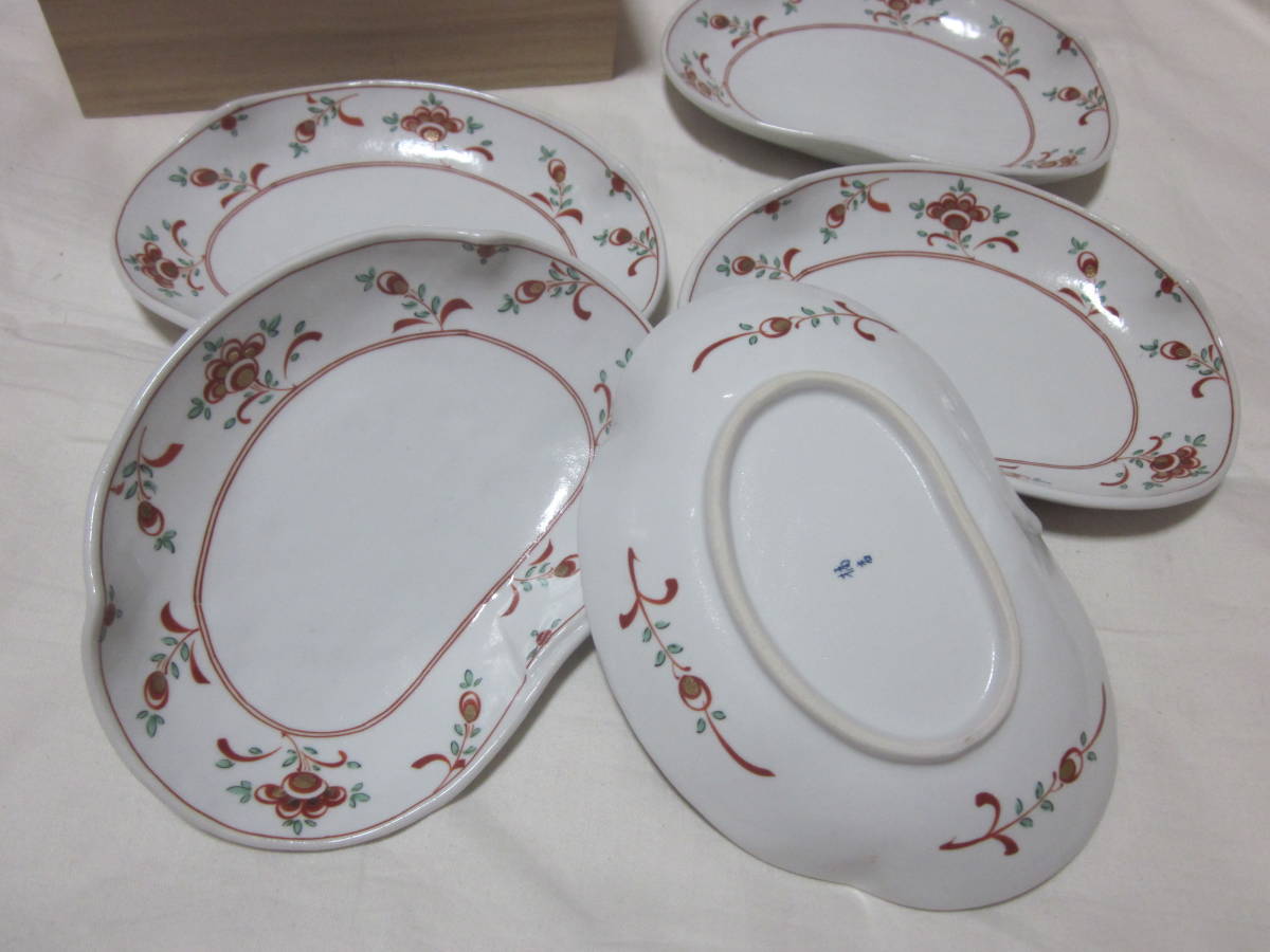 #[..]#[ Tachikichi ]#[ red . flower writing ]#[ peace plate ]#[5 pieces set ]#[ unused tree boxed ]#[ ellipse plate medium-sized dish ]#