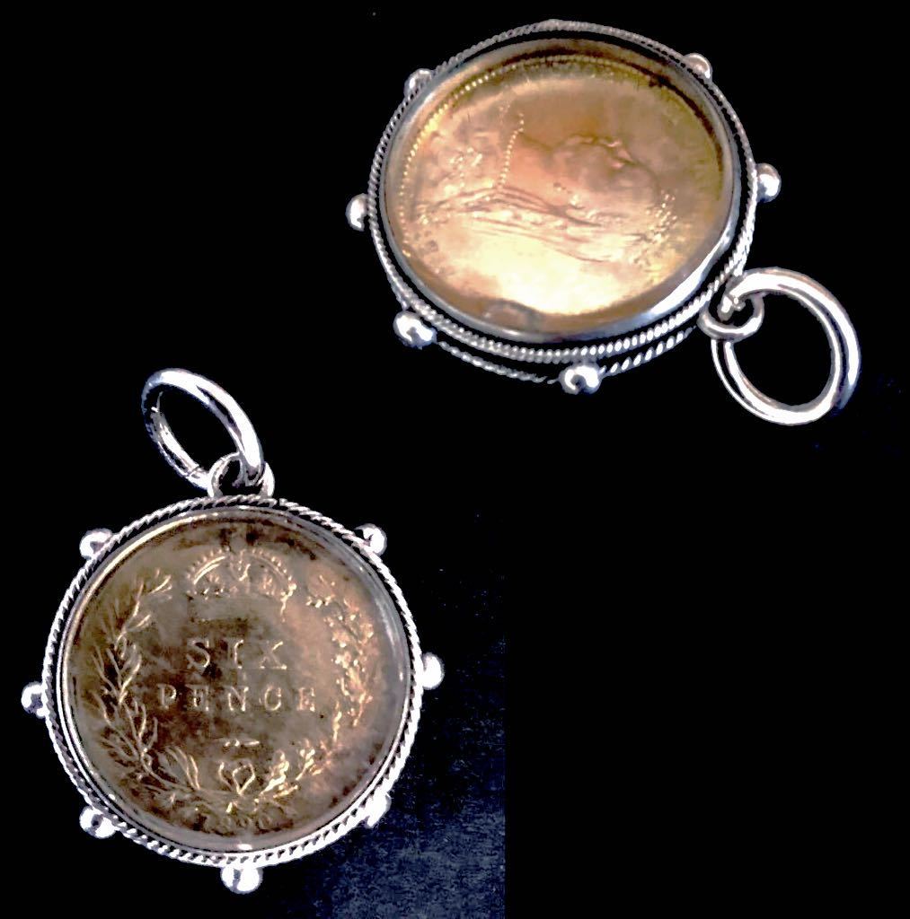 英国アンティーク 6ペンスコイン銀貨1888年フォブ ペンダント ビクトリア女王 懐中時計 アルバートチェーン シルバー純銀7.8g ビクトリア期_画像2
