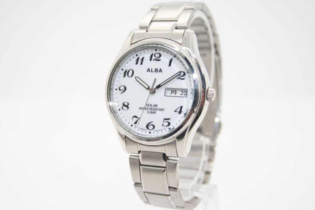 【良品 保障付 動作確認済】SEIKO ALBA Solar Battery Day/Date White Dial Mens Watch V158-0AX0 セイコー ソーラー メンズ アルバ #W495_画像1