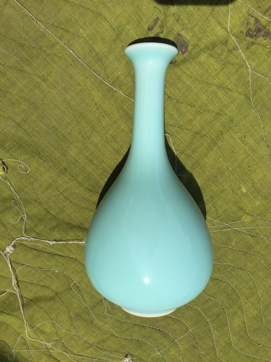 [ ваза ] один колесо .. селадон ( круглый белый бледно-голубой ) ваза / керамика / антиквариат / керамика /. дорога / чайная церемония /Ea6_60