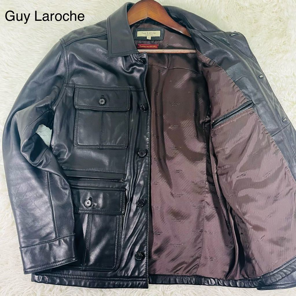 極美品 希少XLサイズ!! ギラロッシュ Guy Laroche ラムレザー レザージャケット テーラードジャケット 羊革 シープスキン 黒 ブラック LL_画像1