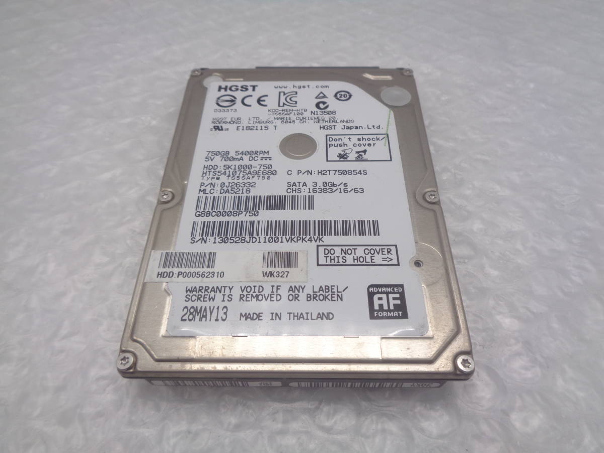 HITACHI HTS541075A9E680 2.5型HDD 5400RPM 9.5mm 750GB SATA 中古動作品(H161)_画像1