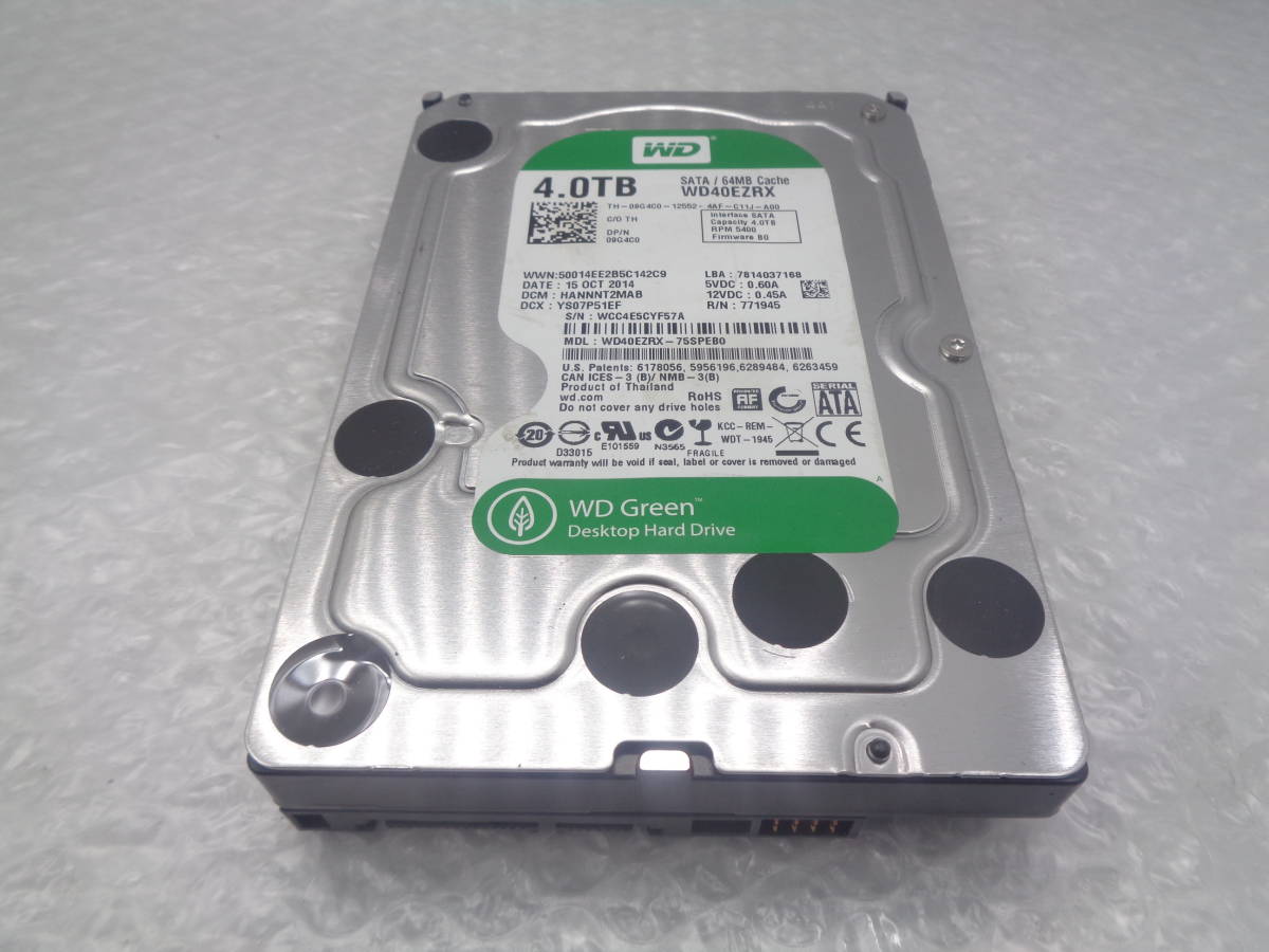 1円～ WD Green WD40EZRX 3.5型HDD 4TB SATA 5400RPM 中古動作品(H502)_画像1