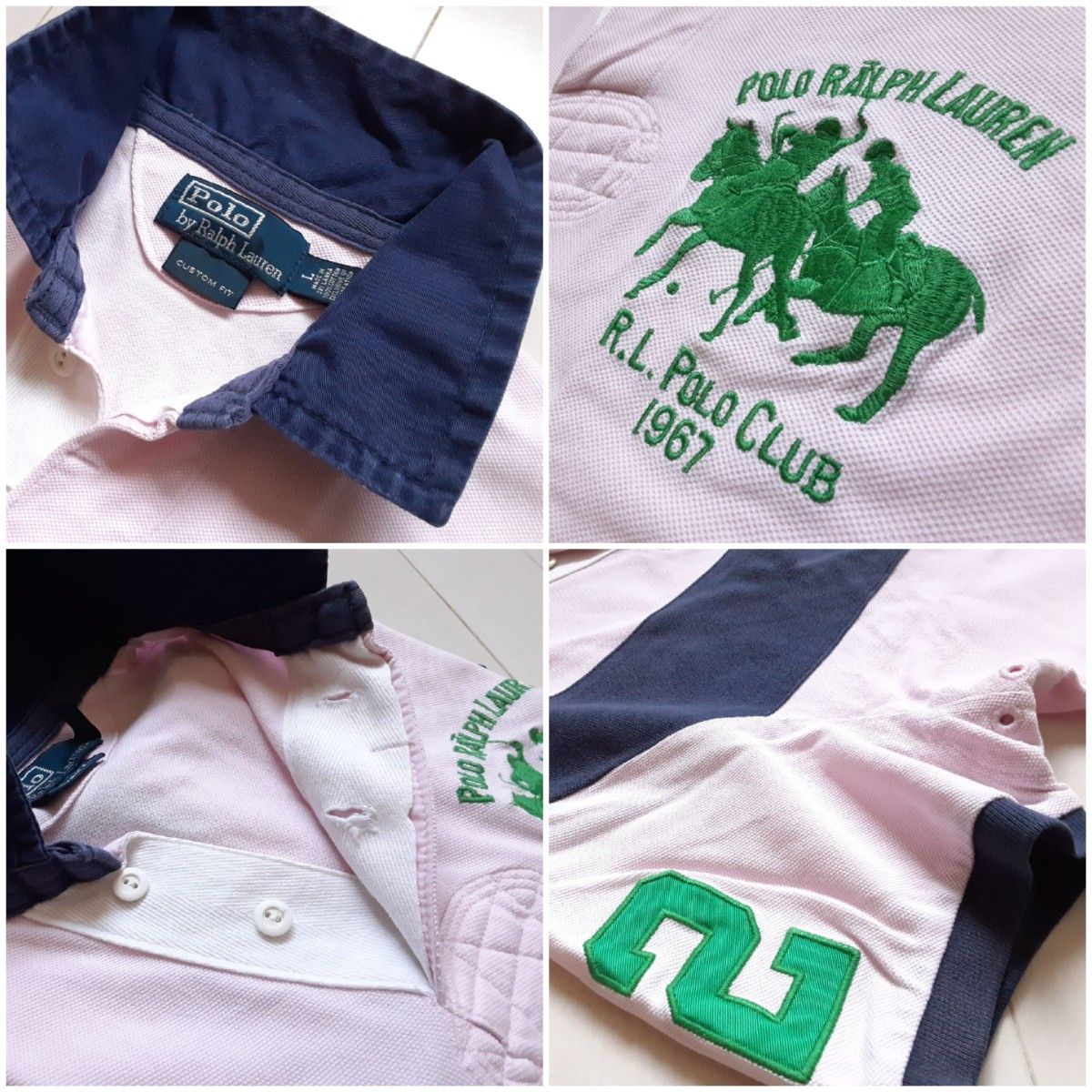 POLO ラルフローレン　ダブルポニー　半袖 ポロシャツ　メンズL　薄ピンク×ネイビー紺色★綿 カノコ　ビッグポニー　ラガーシャツ