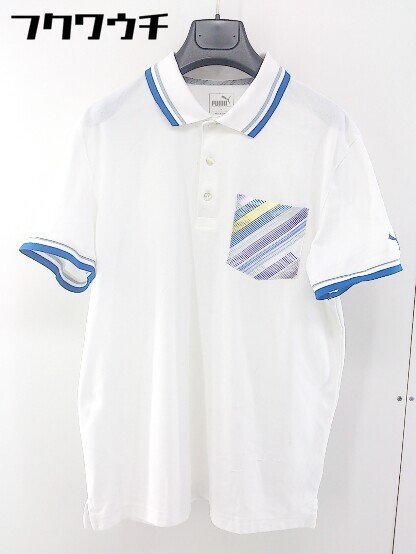◇　◎ PUMA プーマ ロゴ　 半袖 ポロシャツ サイズXL ホワイト　ブルー メンズ_画像1
