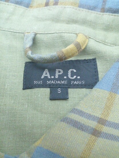 ◇ A.P.C. アーペーセー チェック 長袖 膝丈 シャツ ワンピース S ブルー イエロー レディース_画像4