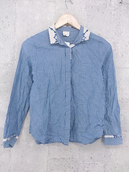 ◇ SOULEIADO ソレイアード 襟柄 長袖 シャツ サイズ1 ブルー系 アイボリー レディース_画像2