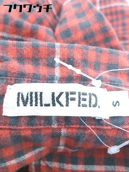 ◇ MILKFED ミルクフェド チェック バックロゴ刺繍 長袖 ロングシャツ サイズS レッド ブラック レディース_画像7