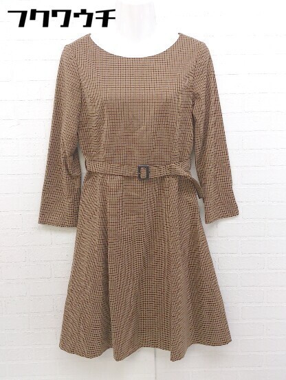 * * NATURAL BEAUTY BASIC belt attaching check long sleeve knees height One-piece size M Brown lady's 