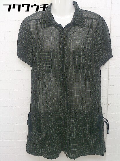 * JILL STUART check sia- frill short sleeves Mini shirt One-piece size 4 black green lady's 