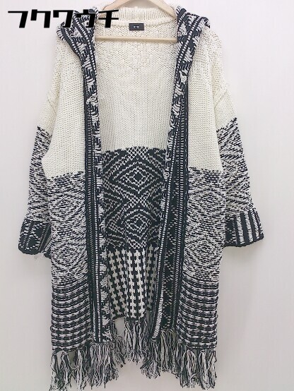 # NIMES Nimes fringe cotton knitted long sleeve cardigan size F eggshell white black lady's 