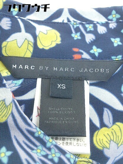 ◇ MARC BY MARC JACOBS 総柄 シルク100% 長袖 膝丈 ワンピース サイズXS ネイビー オレンジ イエロー レディース_画像4