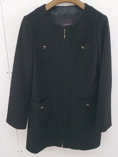 ◇ MOSAIQUE モザイク アルパカ混 長袖 ノーカラー ジップアップ コート サイズ40 ブラック レディース_画像1