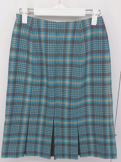 * ELLE L check knees under height pleated skirt size 38 blue blur un beige lady's 