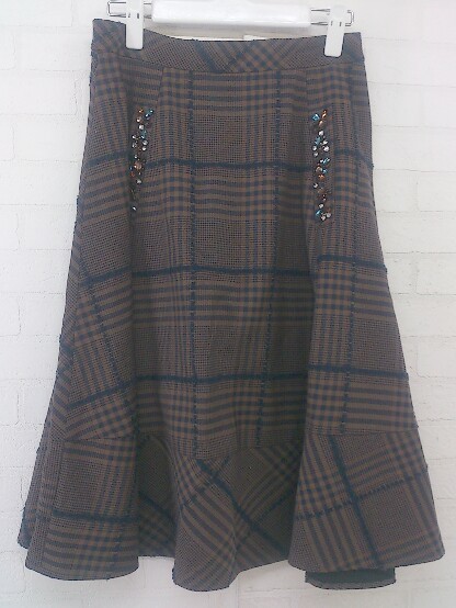 * QUEENS COURT Queens Court check knees height flair skirt size 2 brown group navy series lady's P