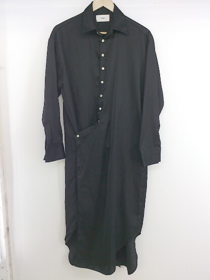 ◇ LEANN サテン調 長袖 ロング シャツ ワンピース サイズ F ブラック レディース P_画像1
