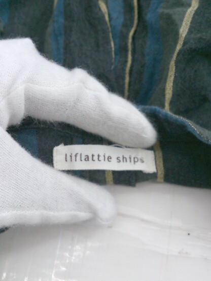 ◇ liflattie ships リネン100% ストライプ スキッパー 半袖 膝下丈 ワンピース ブラック マルチ レディース Pの画像3