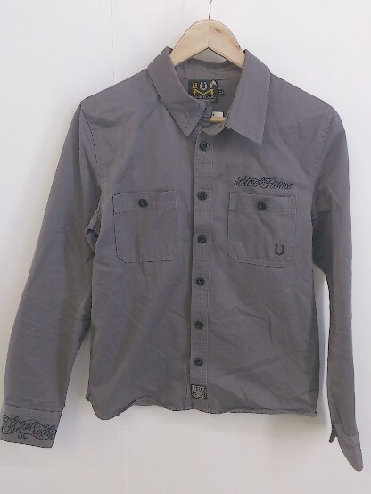 ◇ BUFM?BLACK FLAME 刺繍 長袖 シャツ サイズ15 1/2 パープル グレー系 ブラック メンズ P_画像1