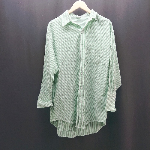 * mli\'a ingni stripe . pocket oversize casual long sleeve shirt size M green / white lady's E
