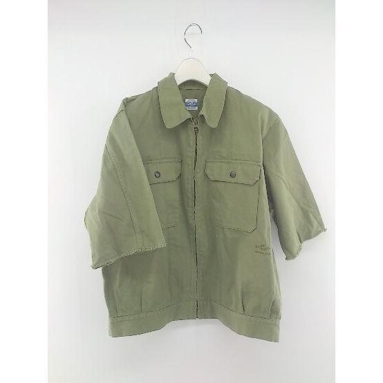 ◇ ARMY TWILL アーミーツイル ジップアップ 袖カットオフ ロゴ刺繍 半袖 シャツ ジャケット サイズF カーキ メンズ P_画像1