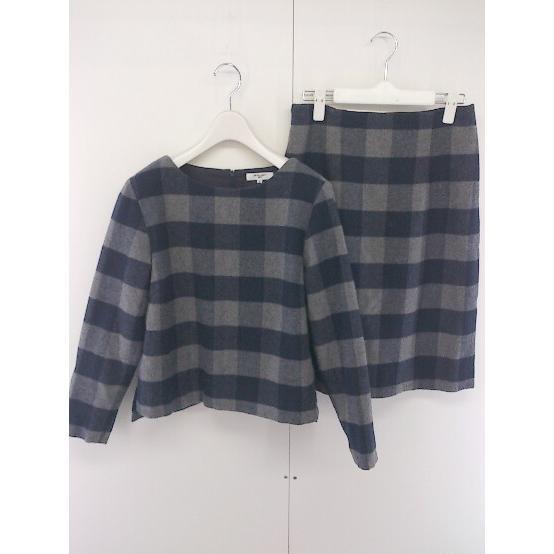 * NATURAL BEAUTY BASIC check knees height cut and sewn skirt setup top and bottom size M navy gray lady's 