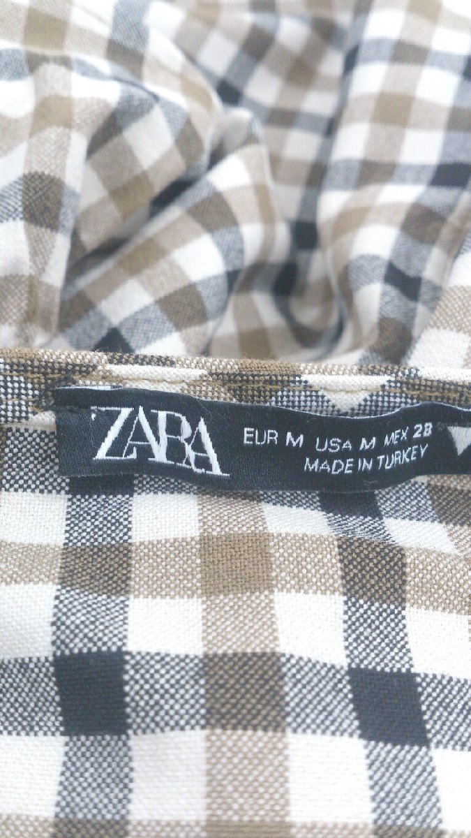 ◇ ZARA ギンガムチェック 肩フリル 長袖 ミニ ワンピース サイズEUR M USA M MEX 28 ベージュ ブラック系 レディース P_画像3