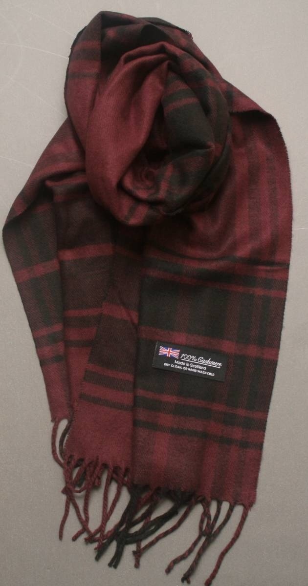 ＊スコットランド製＊暖かカシミア100％おしゃれなワインレッドのスカーフ　Cashmere Scarf