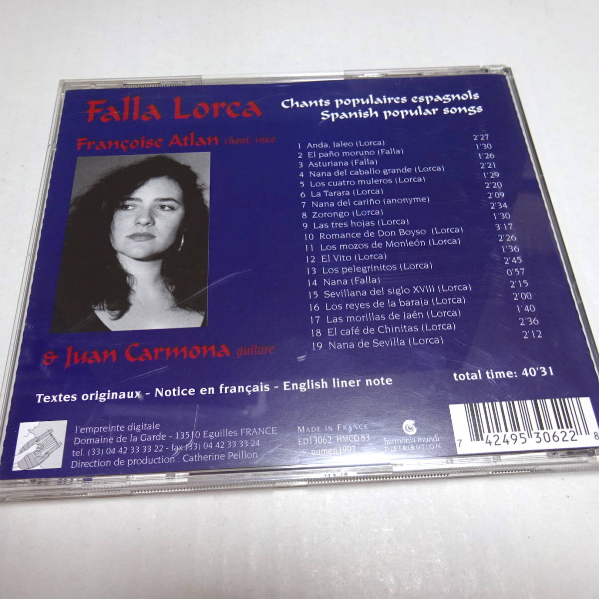 輸入盤「ファリャ、ロルカ：スペイン歌曲集」フランソワーズ・アトラン/Falla/Lorca/ Spanish Popular Songs/Atlan/Carmona_画像2