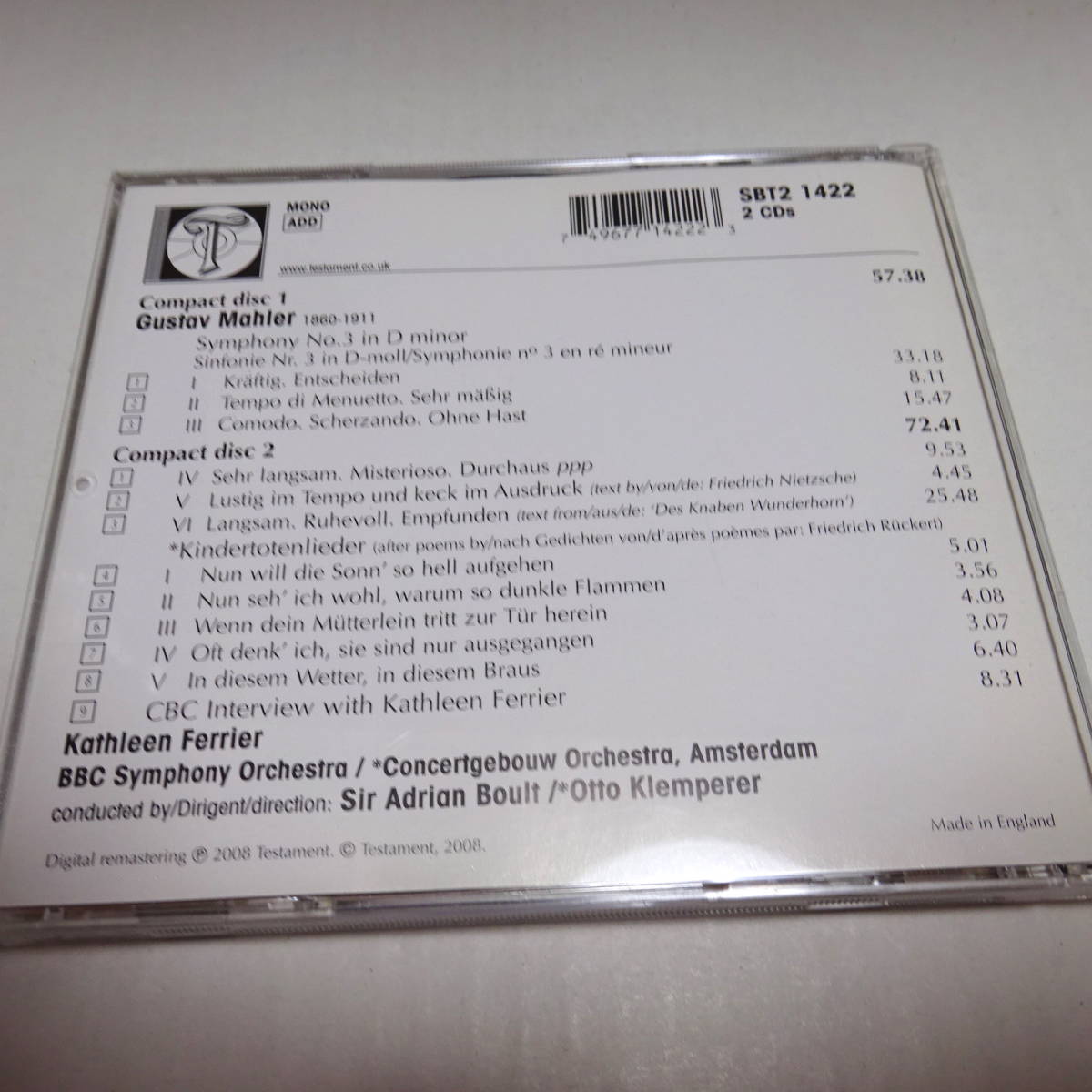 輸入/Testament/2CD「マーラー：交響曲第3番、亡き子をしのぶ歌」フェリアー/ボールト/クレンペラー_画像2