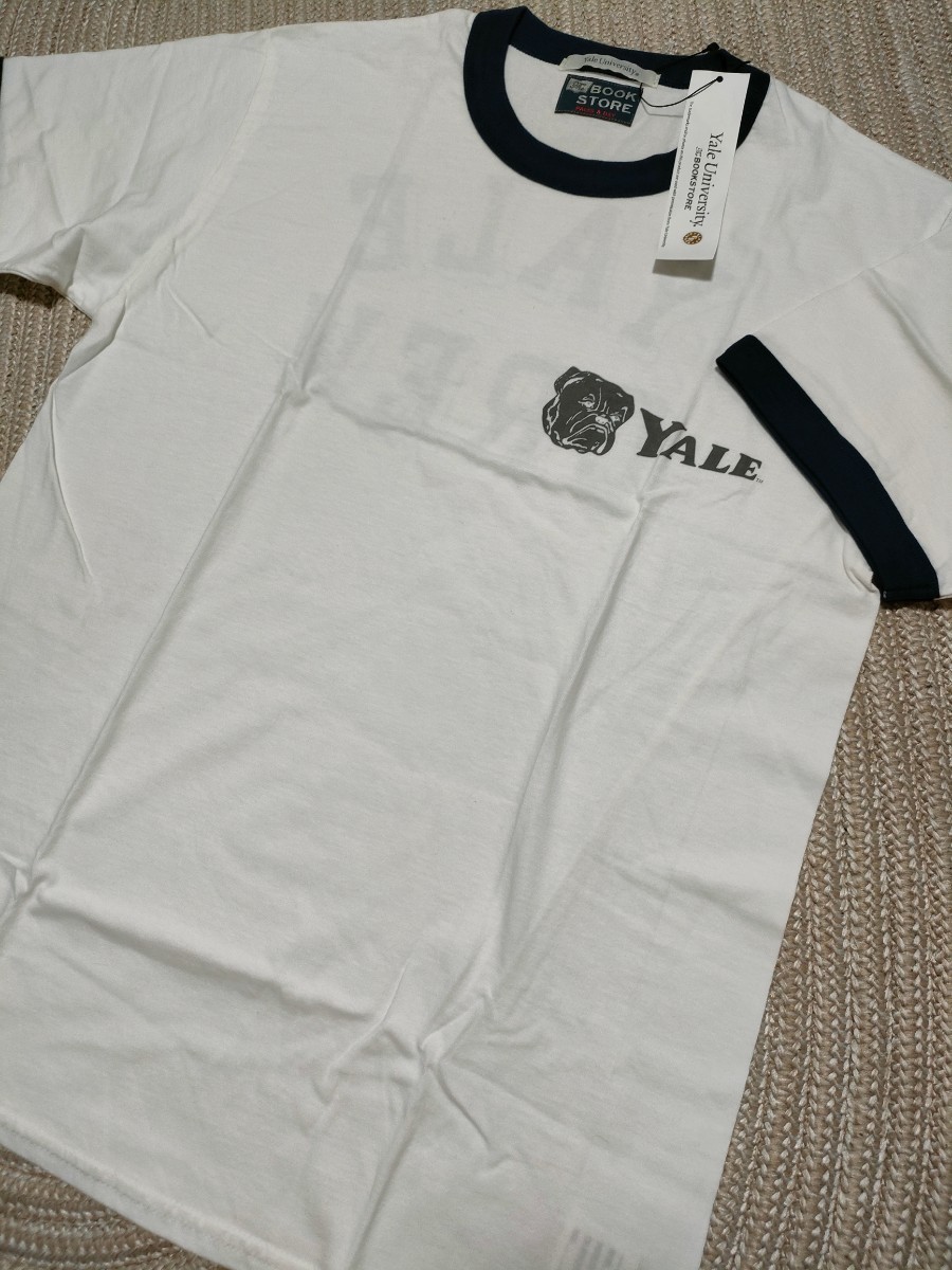 新品 SUNNY SPORTS サニースポーツ YALE イエール大学 リンガーTシャツ L 両面プリント 白×紺 BOOKSTORE 半袖 Tシャツ_画像1