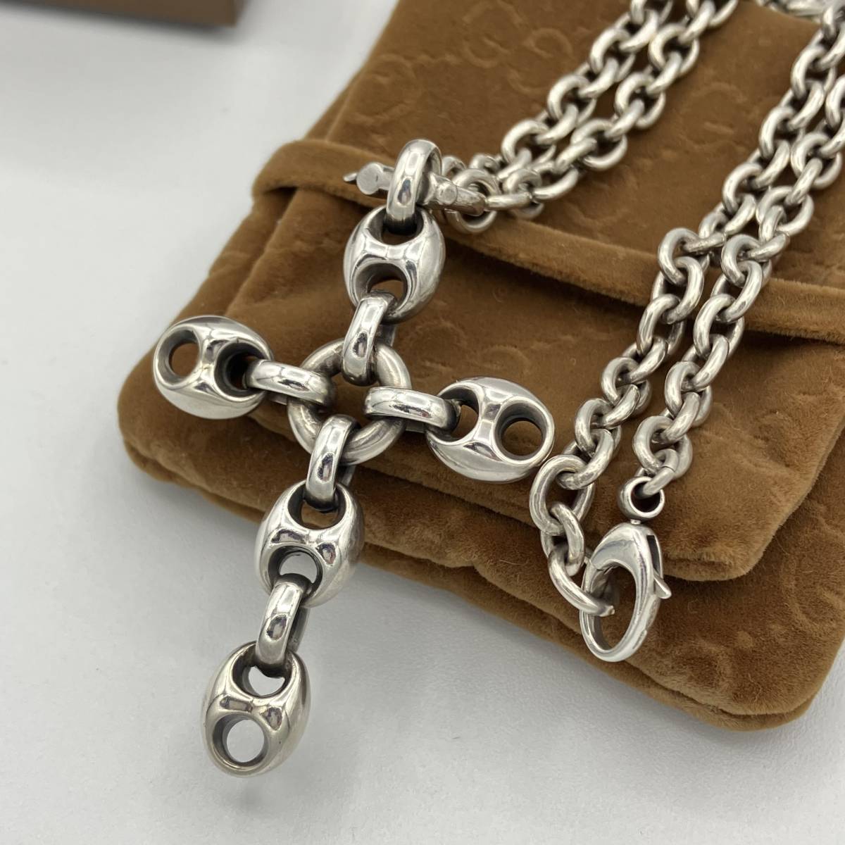 希少 メンズ グッチ マリーナ ラージ クロス ロング チェーン ネックレス ペンダント シルバー 925 GUCCI Mariner Cross Necklace Pendantの画像1