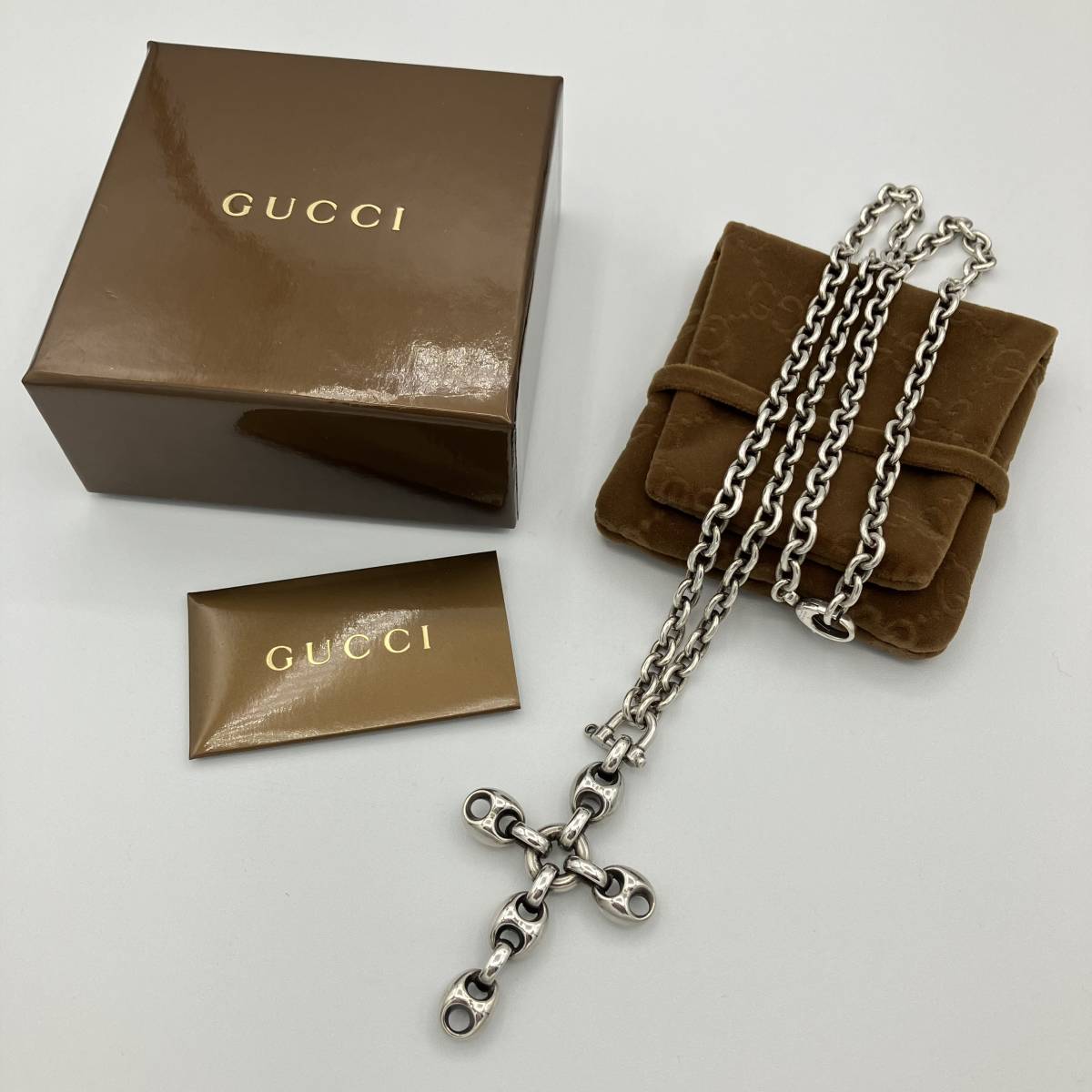 希少 メンズ グッチ マリーナ ラージ クロス ロング チェーン ネックレス ペンダント シルバー 925 GUCCI Mariner Cross Necklace Pendant