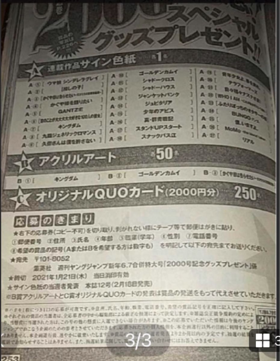 ゴールデンカムイヤングジャンプ2000号記念懸賞当選品『アクリルアート』 ゴールデンカムイ ヤングジャンプ2000号記念懸賞当選品