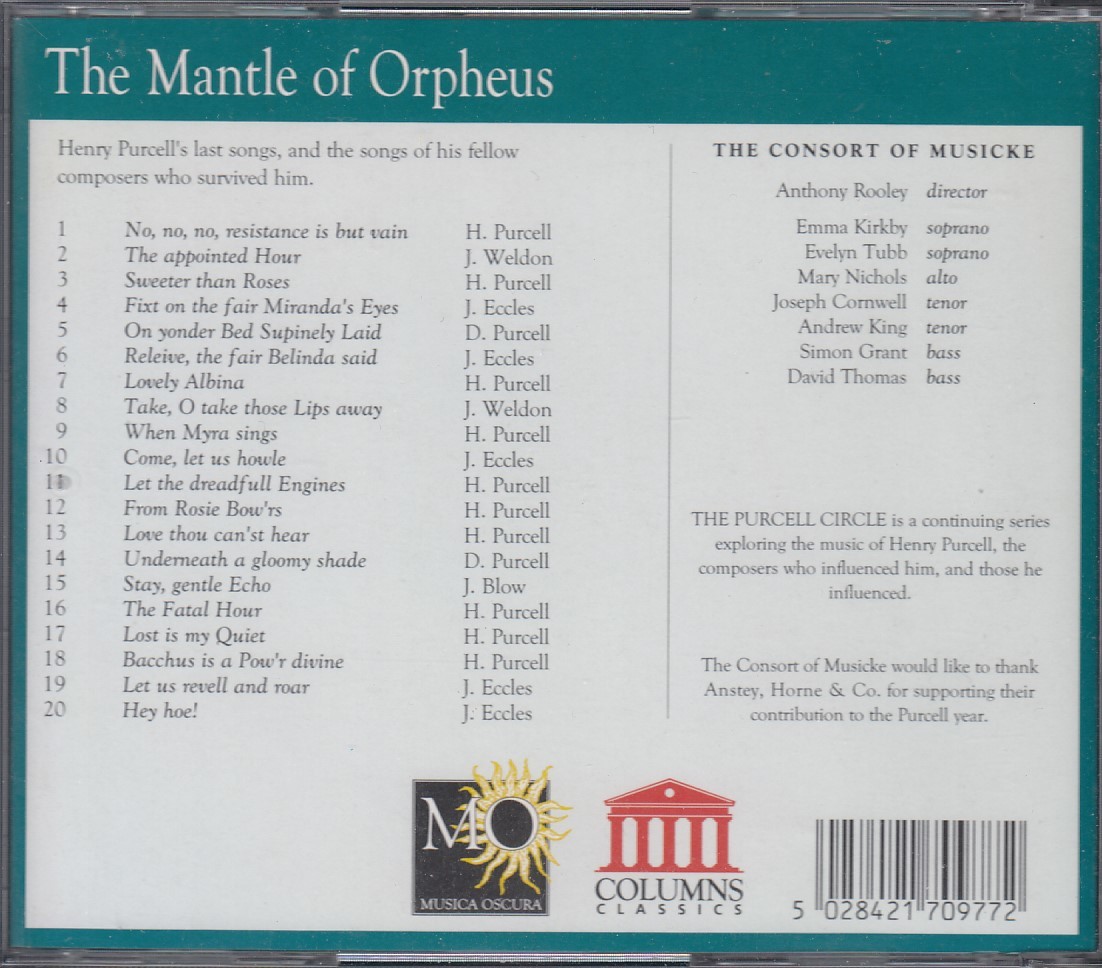 ルーニー、カークビー他/パーセル集　The Mantle of Orpheus 輸入CD美品状態良好　consort of musicke 古楽_画像2