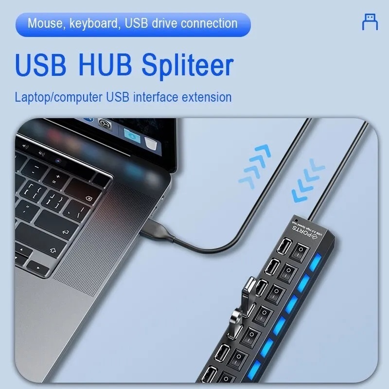 USBハブ 7ポート 480MBps伝送 LEDライト搭載 USB2.0 高速データ転送 独立・個別スイッチ付 セルフパワー式 バスパワー uh_画像2
