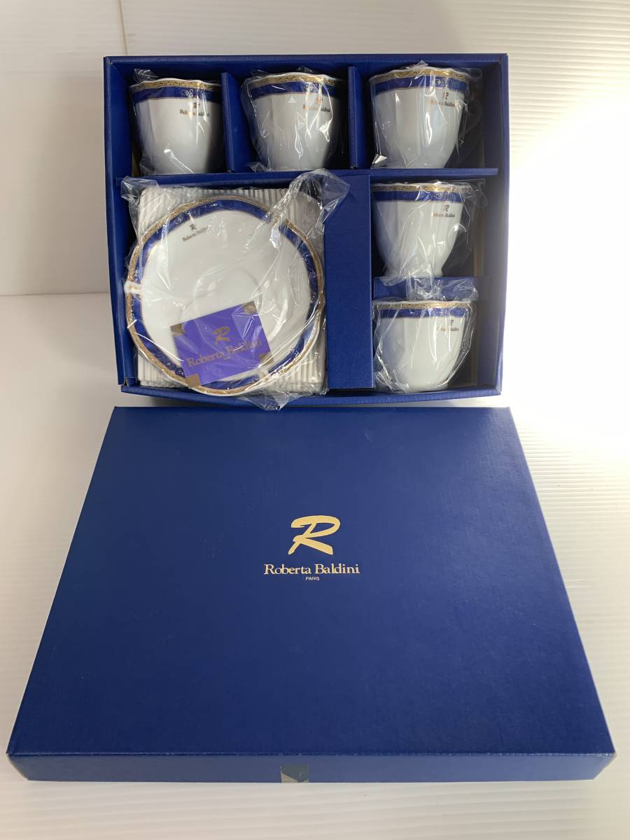 B989 rare unused origin boxed Roberta Baldini/ Roberta bar tea two blue sapphire cup & saucer 5 customer on goods gold paint Western-style tableware 